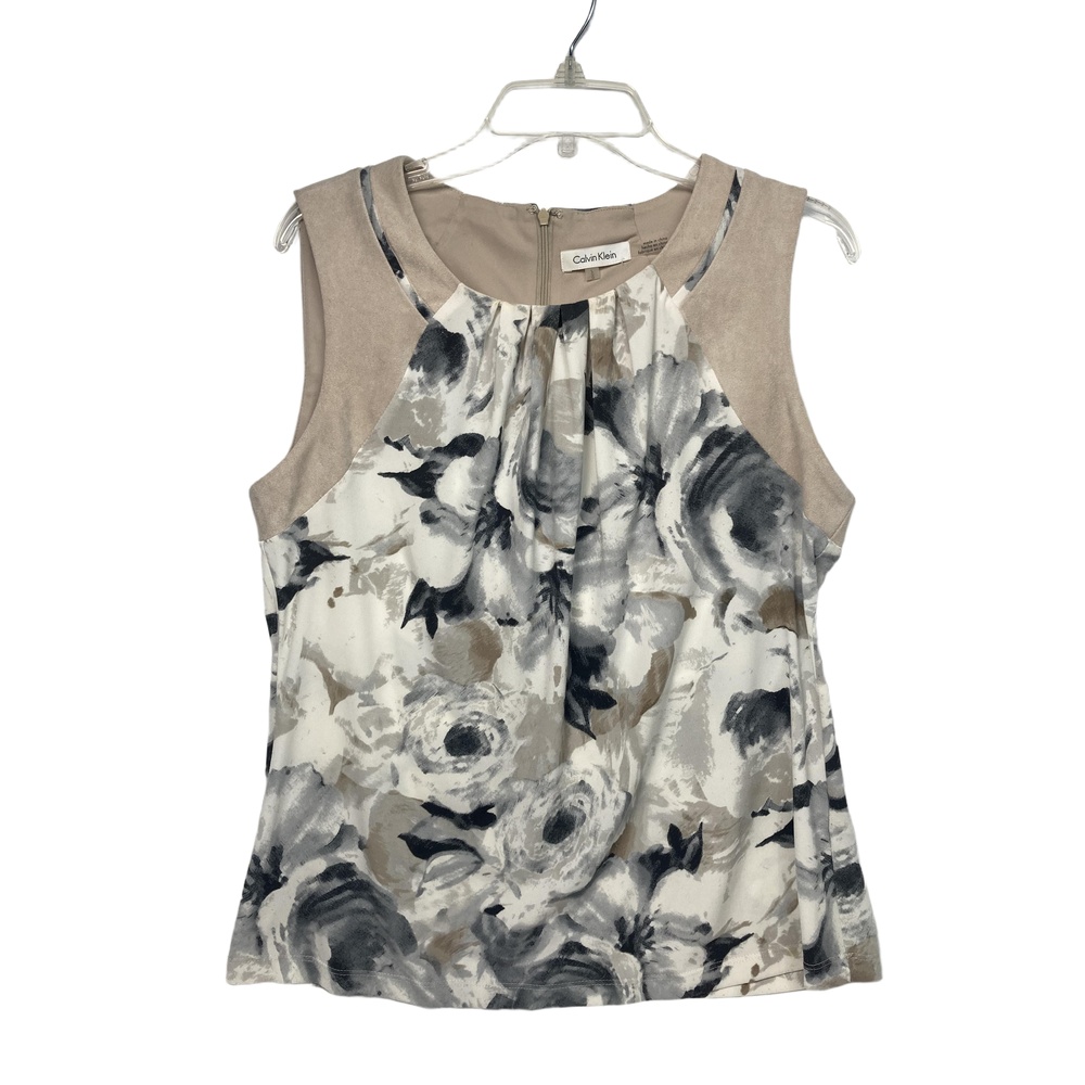 Calvin Klein Tan/Gray/Black Sleeveless Pleated Front Blouse S